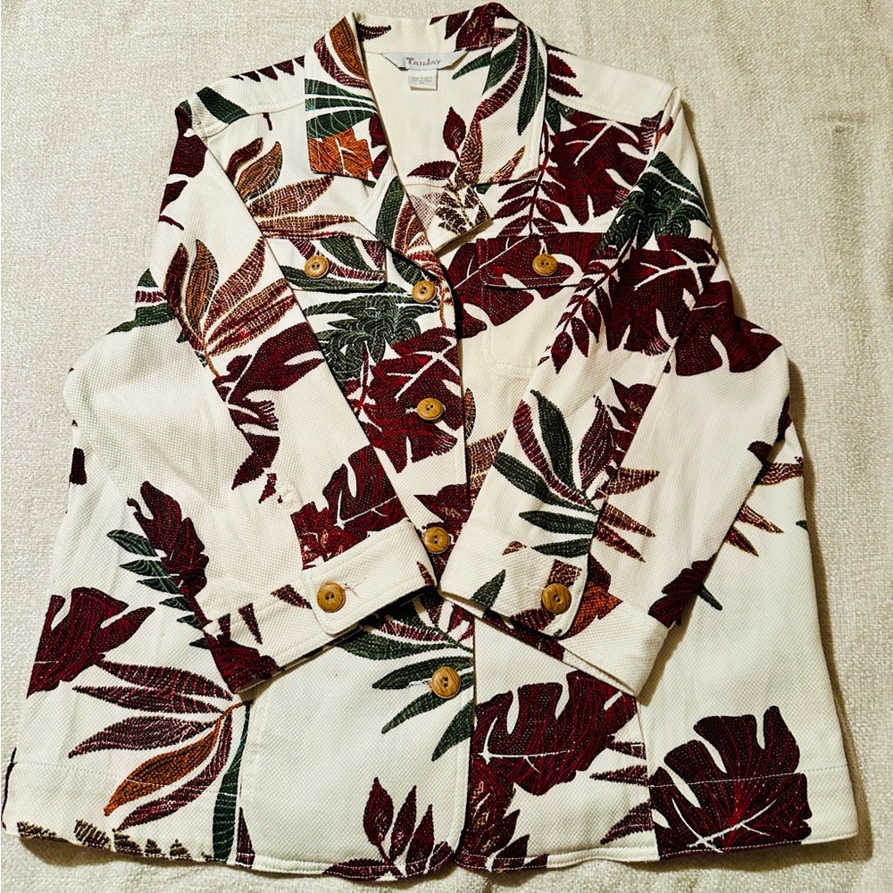 Vintage TanJay Cream Botanical Print Button Front Jacket Size 14